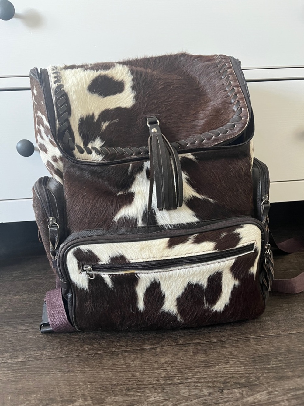Cowhide Leather Backpack - Brown & White